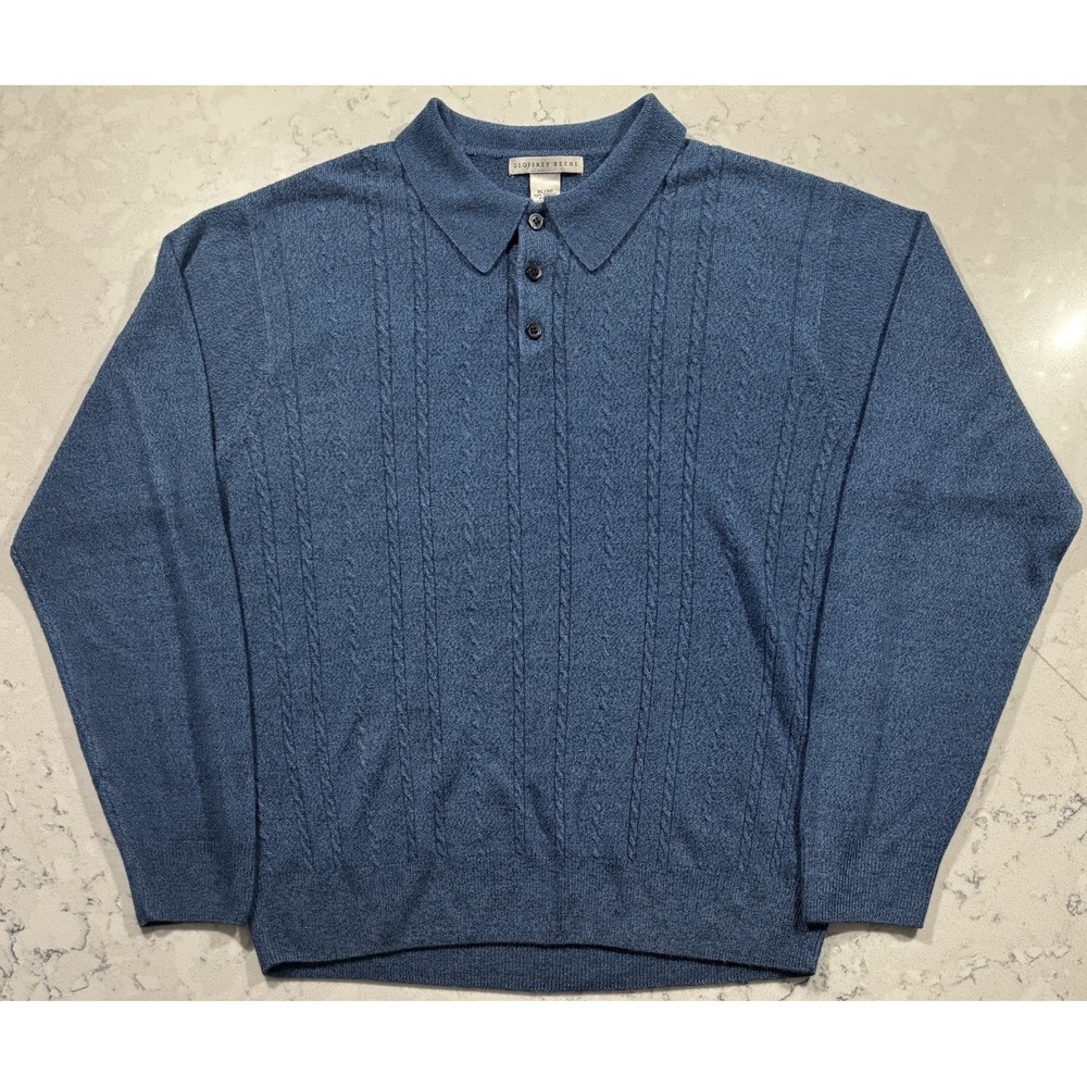 Geoffrey Beene Sweater Mens XL Blue Cable Knit Polo Collar 3 Button Pullover